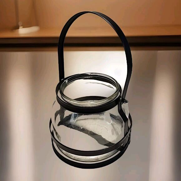 Black Metal Clear Glass Hanging / Tabletop Lantern Candle Holder 5” Tall Heavy - Picture 1 of 11